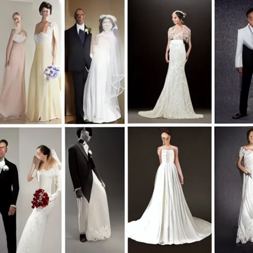 Image similar to a collage of wedding dresses and tuxedos