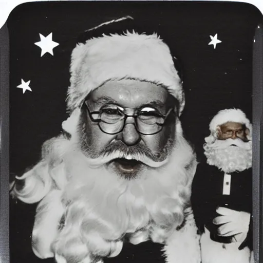 Image similar to 1972 polaroid flash photo of Santa Claus surprised on Christmas Eve