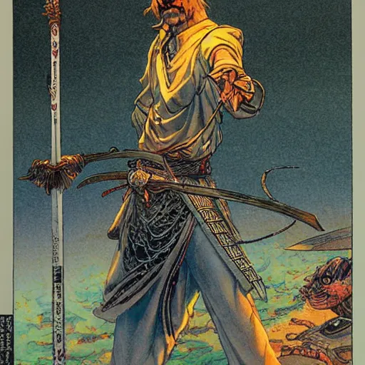 Prompt: Frank Zappa golden Vagabond magic swordsman glides through a beautiful battlefield magic the gathering dramatic esoteric pen and ink illustrated in high detail by Hiroya Oku, Moebius, and Tatsuki Fujimoto shonen jump 2077