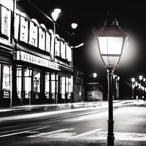 Prompt: Night, street and streetlight, drugstore, detailed cinematic