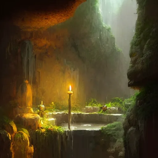 Image similar to cozy, empty hotspring hidden in a cave, candlelight, towels, cushions, natural light, lush plants and flowers, elegant, smooth cave rock, fantasy, atmospheric lighting, digital painting, Greg Rutkowski concept art