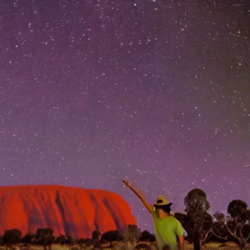 Prompt: terence mckenna, up close at uluru, smoking a cigar, stars, in the style of psychedelic surrealism, 4 k