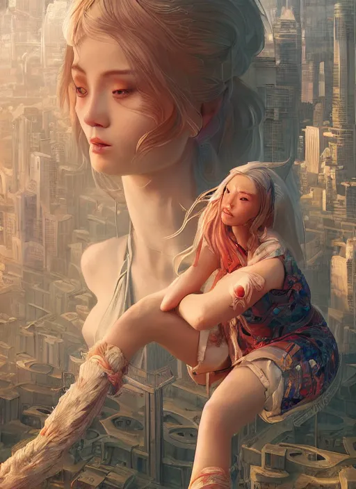 Image similar to breathtaking detailed painting of a giant woman sitting on a miniature city, Atari game cover art by Hsiao-Ron Cheng, James jean, Miho Hirano, Hayao Miyazaki, extremely moody lighting, hyperrealistic, octane render, RPG portrait, ambient light, dynamic lighting