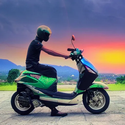 Prompt: garuda wisnu on scooter, landscape, sunset, raining
