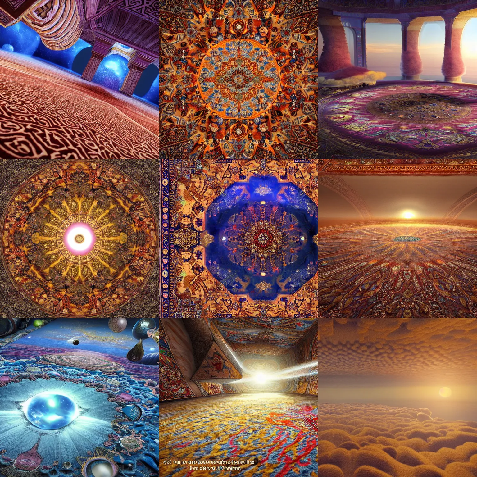 Prompt: sunrise in the Fluffy 3d Persian Carpet world space, everything is carpet and 3d, photorealistic concept art, immense detail, epic, striking