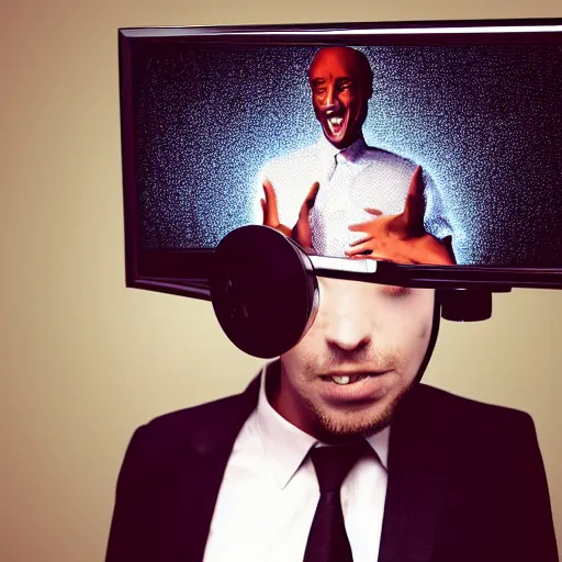 Image similar to a man in a suit wearing a tv on his head, head replaced with a tv, tv covering head