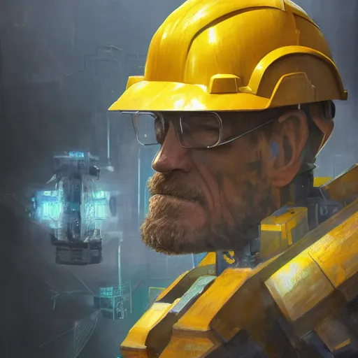 Prompt: closeup portrait of mecha bryan cranston with construction crane arms, yellow hardhat, fantasy, d & d, heartstone, digital painting, volumetric light, intricate, sharp, focus, bloom, illustration, highly detailed, concept art, matte, ruan jia, randy vargas, greg rutkowski