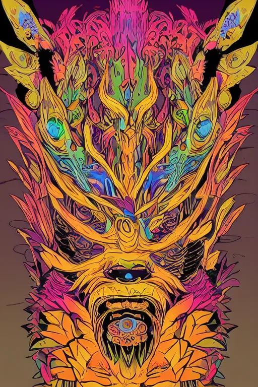 Image similar to animal mask totem roots flower tribal feather gemstone plant wood rock shaman vodoo video game vector cutout illustration vivid multicolor borderlands comics by josan gonzales and dan mumford radiating a glowing aura