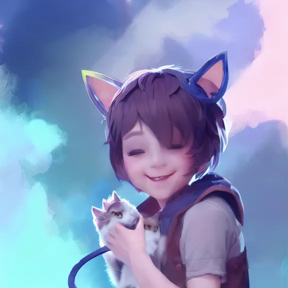 Prompt: boy with cat ears and tail, full body, blushing, happy, short smile, hair covering eyes, cinematic lightning, mid-shot, highly detailed, very very very beautiful, trending on Artstation, Unreal Engine 4k, watercolour, pastel, cinematic wallpaper by Stanley Artgerm Lau, WLOP, Rossdraws.