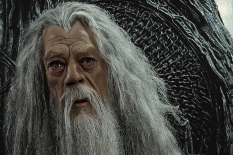 Image similar to gandalf with the face of lance henriksen stood outside orthanc, style of h. r. giger, directed by david fincher, muted tones, detailed