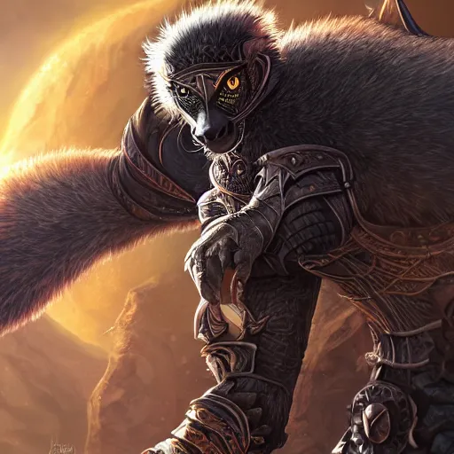 Image similar to male lemur in dragon knight armor, sun in the background, intricate, elegant, fantasy, highly detailed, digital painting, artstation, concept art, smooth, sharp focus, illustration, art by artgerm