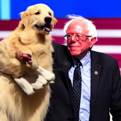 Image similar to bernie sanders hugging a golden retriever on a stage