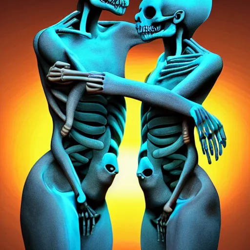 Prompt: A painting of two skeletons locked in embrace as their torso emerges from a portal by Beeple