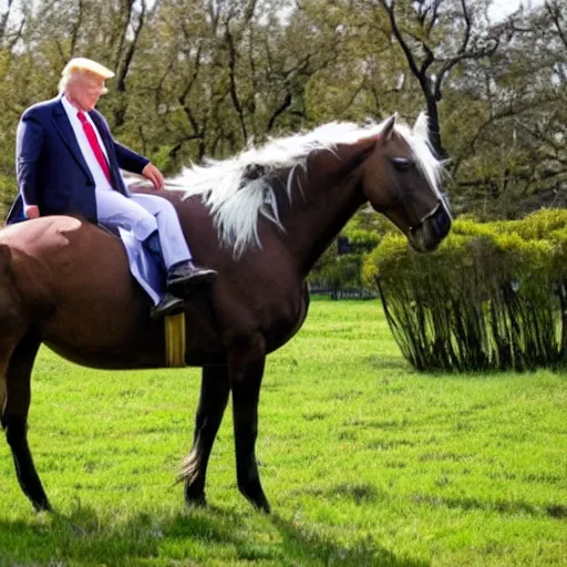 Prompt: ( donald trump × horse ) in a pasture