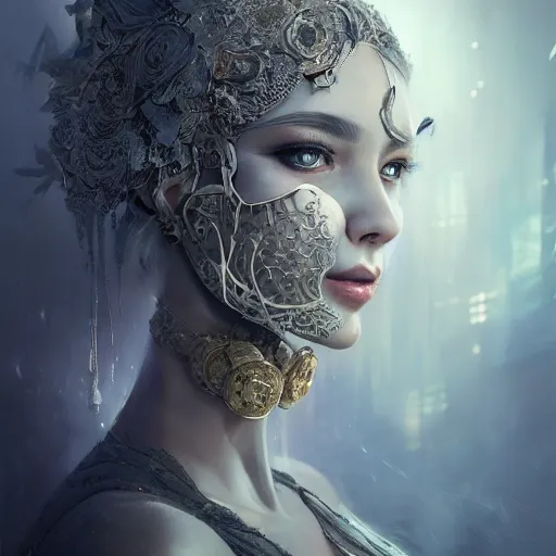 Prompt: Very very very very highly detailed epic central composition studio photography of face with venetian mask, intricate, dystopian, sci-fi, extremely detailed, digital painting, artstation, concept art, smooth, sharp focus, illustration, intimidating lighting, incredible art by Anna Dittmann