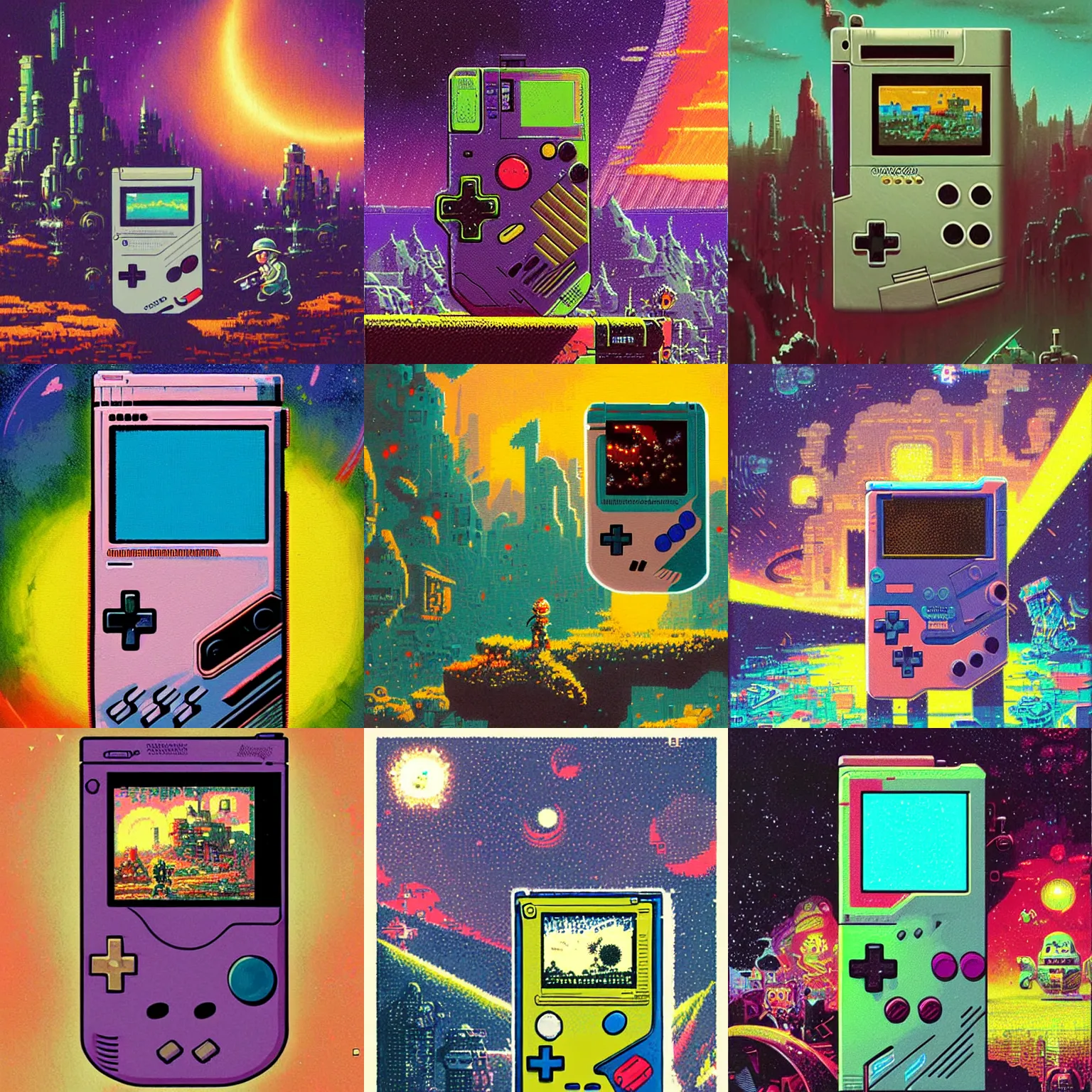 Prompt: epic illustration a nintendo gameboy by Paul Lehr, detailed, screen print