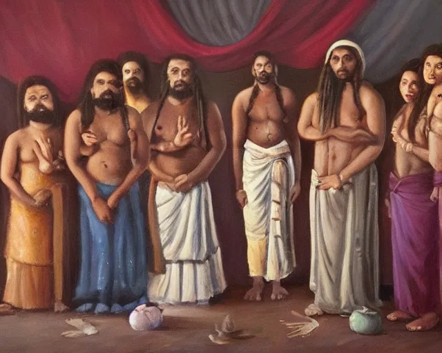 Image similar to beautiful oil painting of a brown man and his 7 wives in the afterlife.