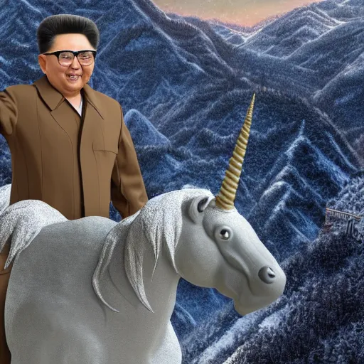 Image similar to 3D render of Kim Jong-il riding on the back of a cute unicorn in a snowy mountain range, highly intricate, highly detailed,