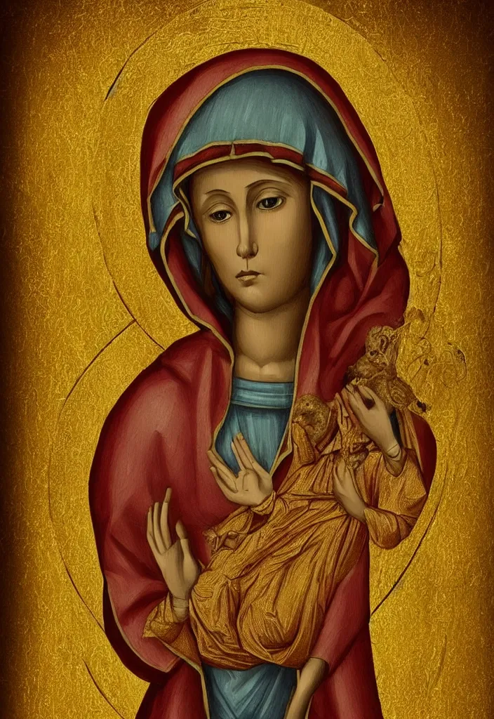 Image similar to saint mary reimagined as digital art by theophilia from deviantart, gold background, very detailed,