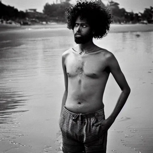 Image similar to somali male, curly hair, portrait, vintage, water, on beach, nostalgic, nature, dreamy, pastel, studio ghibli, thoughtful, wise, intricate details, shot in 1 9 8 0 s