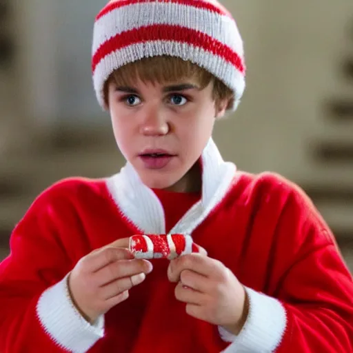 Image similar to justin bieber holding a candy cane,