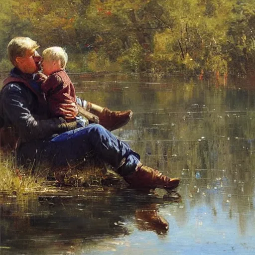 Image similar to painting of dad and son thinking together in boot on a calm lake, by pino daeni