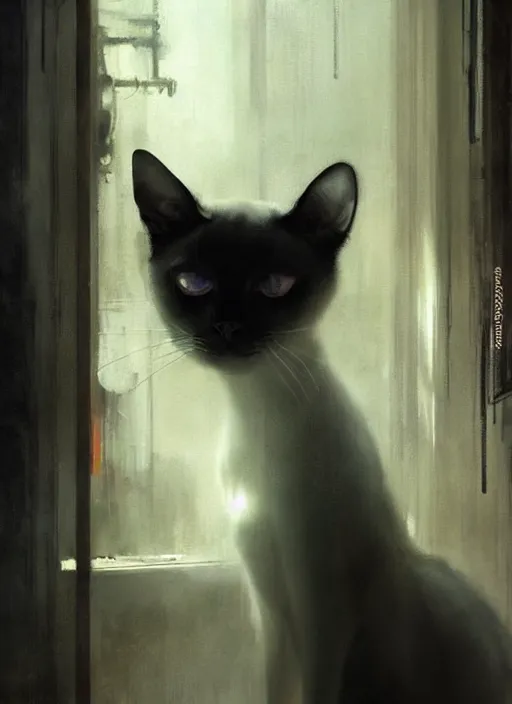 Prompt: a dramatic portrait of a siamese cat inside a modern apartment, intricate concept art, ethereal, ominous, cinematic, dramatic lighting, by jeremy mann and ruan jia