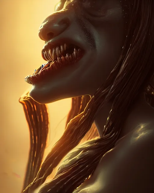 Prompt: Beautiful art portrait of a venom symbiont girl, atmospheric lighting, intricate detail, cgsociety, hyperrealistic, octane render, RPG portrait, ambient light, dynamic lighting