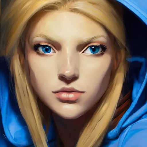 Image similar to greg manchess portrait of a beautiful girl with blonde hair, wearing a blue hoodie, as an overwatch character, medium shot, asymmetrical, cinematic lighting, sharp shadows, profile picture, organic painting, matte painting, bold shapes, hard edges, street art, trending on artstation, by huang guangjian and gil elvgren and sachin teng