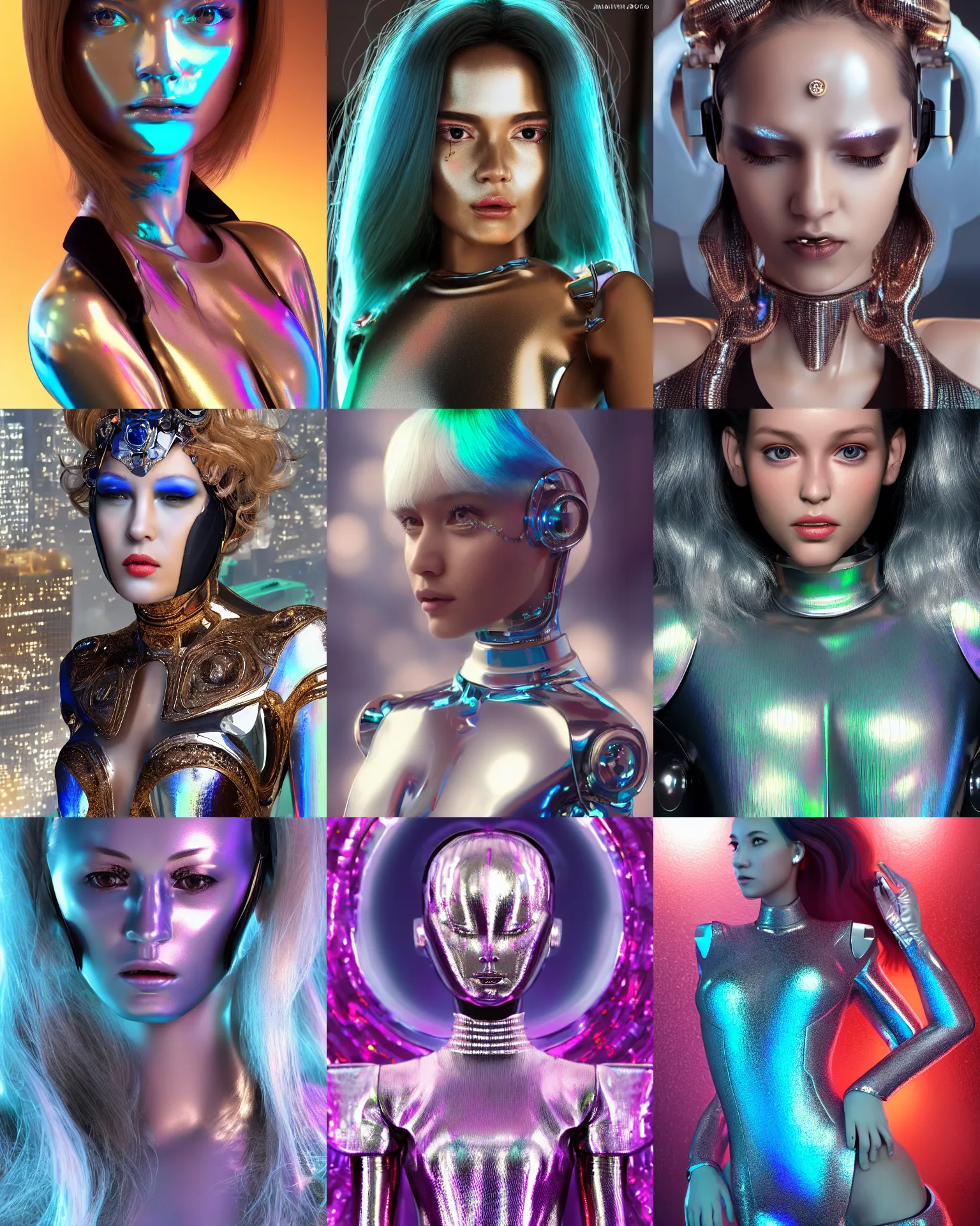 Prompt: BOTS magazine cover portrait :: of a cute gorgeous shiny pearlescent iridescent young woman cyborg on a crowded packed nyc sidewalk, high fashion photoshoot, elaborate hair worn up, intricate details, jewelry, chrome bodysuit, :: octane render, volumetric lighting, trending on artstation, anime girl, ue5, blender render, photoreal, sci-fi, science fiction, :: rossdraws, nixri, gui guimaraes, xa on the moon artstation, shinminjeong, :: Madison beer, ::