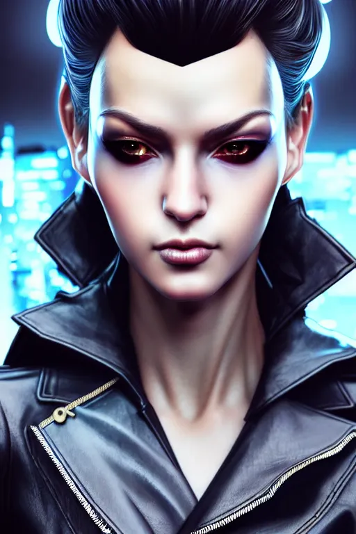 Prompt: hyperdetailed very close portrait of a stunning european woman with grey eyes in a leather suit with a pin in a cyberpunk city inspired by ross tran and wlop and masamune shirow and kuvshinov, concept art, intricate, photorealistic, octane render, rtx, hdr, unreal engine, dnd digital art by artgerm
