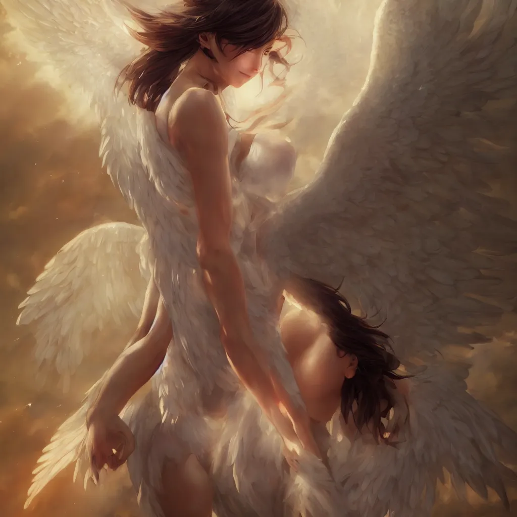 Image similar to an oil painting of a beautiful anime girl with angel wings, by artgerm, wlop and greg rutkowski, hd, hdr, ue 5, ue 6, unreal engine 5, cinematic 4 k wallpaper, 8 k, ultra detailed, high resolution, artstation, award winning