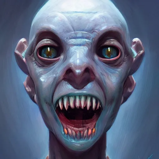 Prompt: portrait of a humanoid alien, sharp teeth, big eyes, by mandy jurgens