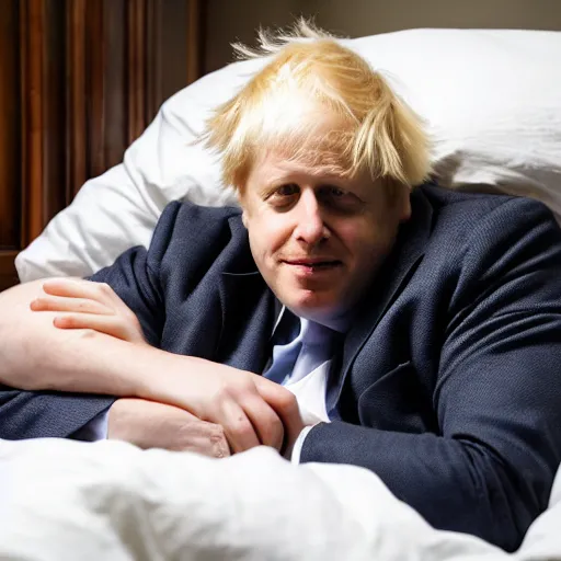 Image similar to boris johnson tucked in bed sleeping wistfully