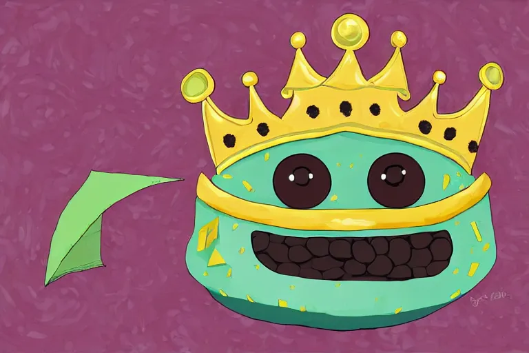 Image similar to giant black bean wearing a kings crown, with googly eyes and smiling, digital art,