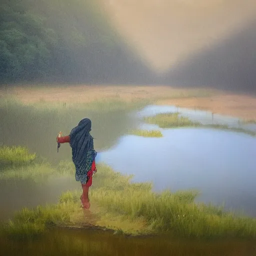 Image similar to oil painting of nepali village girl in her 2 0 s, bathing in a river, early foggy morning