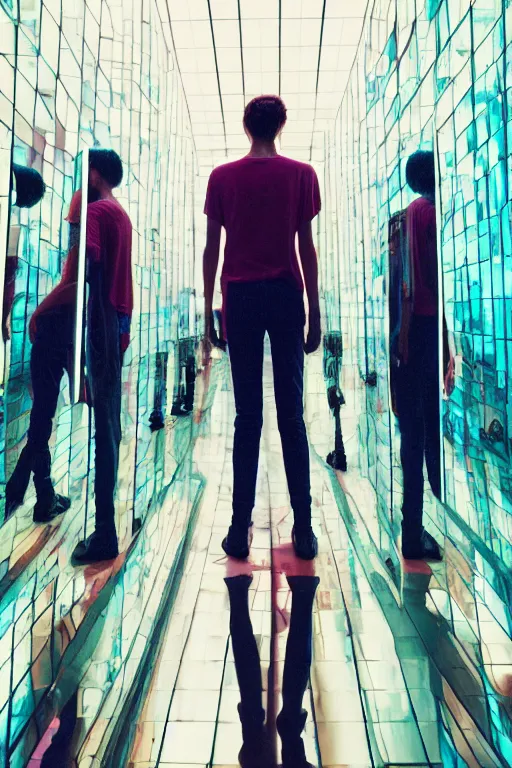 Image similar to agfa vista 4 0 0 photograph of a skinny guy in a hall of mirrors, futuristic, synth vibe, vaporwave colors, lens flare, flower crown, back view, moody lighting, moody vibe, telephoto, 9 0 s vibe, blurry background, grain, tranquil, calm, faded!,