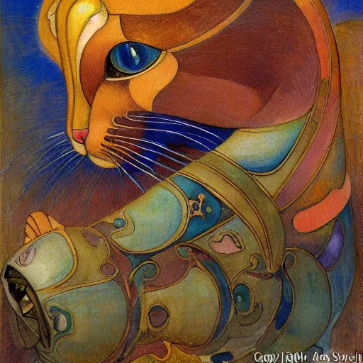 Image similar to masterpiece painting of a mechanical cloisonne cat head sculpture, by annie swynnerton and diego rivera and nicholas roerich and jean delville and janet fish, symbolist, dramatic lighting, god rays, art brut, rich colors, smooth, sharp focus, extremely detailed, adolf wolfli and ( donato giancola and bilibin )