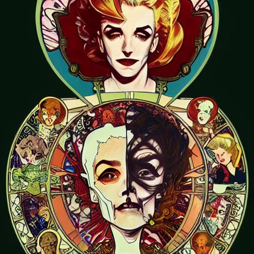 Image similar to manga skull portrait girl female skeleton marilyn monroe realism hyperrealistic art Geof Darrow and will cotton alphonse mucha pop art nouveau