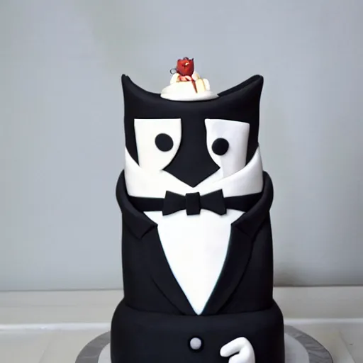 Image similar to anthropomorphic cake wearing a tuxedo, holding his hand out, facing viewer