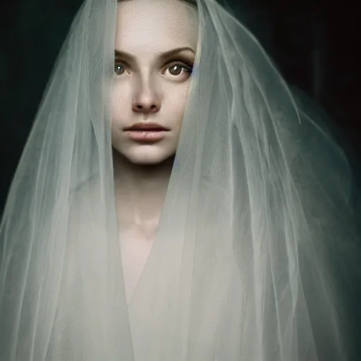 Prompt: portrait of a stunningly beautiful ghostly haunting female with a veil in soft light, depth of field, zeiss lens, detailed, symmetrical, centered, fashion photoshoot, by annie leibovitz and steve mccurry, david lazar, jimmy nelsson, breathtaking, 8 k resolution, extremely detailed, beautiful, establishing shot, artistic, hyperrealistic, beautiful face, octane render