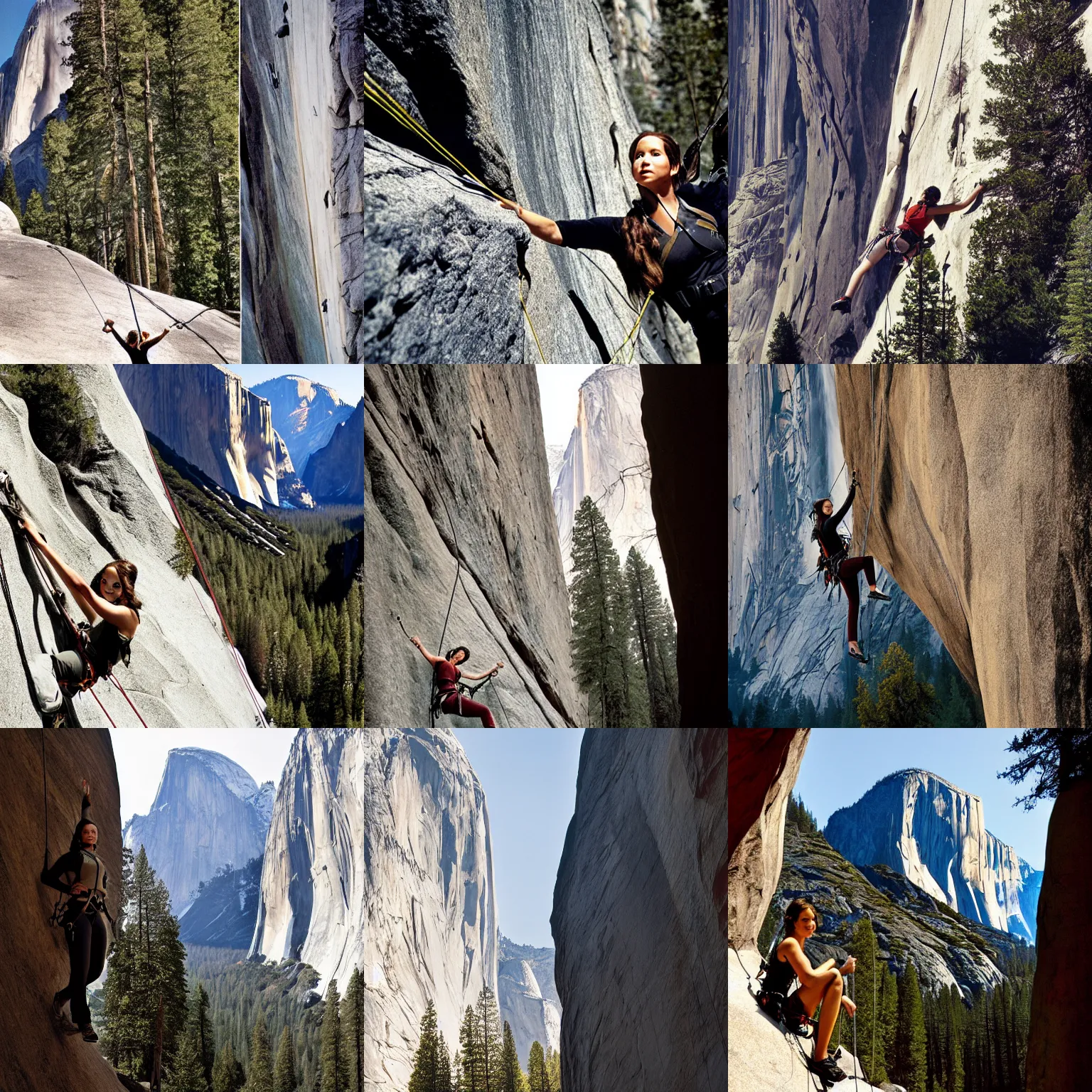 Prompt: Katniss Everdeen rock climbing, El Capitan, Yosemite Valley, photography by Annie Leibovitz