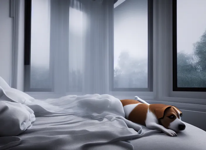 Image similar to photography of a Jack Russel watching outside the window on a bed in a 3d rendered white room, octane render, 3d, foggy, volumetric light, volumetric fog, photorealistic, unreal engine 5