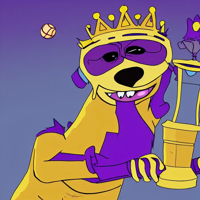 Image similar to a digital drawing of an anthropomorphic dog wearing a purple hoodie and a crown, smashing a golden trophy with a baseball bat. in the style of bojack horseman.