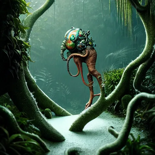 Prompt: creature in a lush trunda vegetation, snow : : by michal karcz, daniel merriam, victo ngai and guillermo del toro : : ornate, dynamic, particulate, intricate, elegant, highly detailed, centered, artstation, smooth, sharp focus, octane render, 3 d