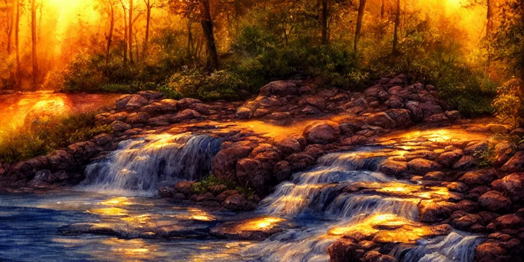 Prompt: golden hour waterfall nature landscape, watercolor, ultra realistic, highly detailed, hd, sharp focus, cinematic lighting, warm colors, realistic, photorealistic, vivid colors, painting, digital art, non blurry, sharp, artstation, smooth, illustration