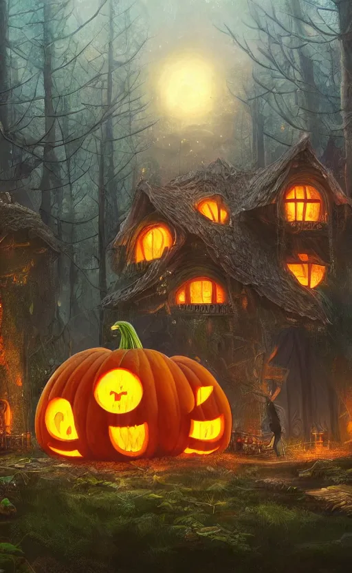 Image similar to a giant pumpkin house in the middle of a forest at night, the lights are on, dynamic lighting, photorealistic fantasy concept art, trending on art station, stunning visuals, creative, cinematic, ultra detailed