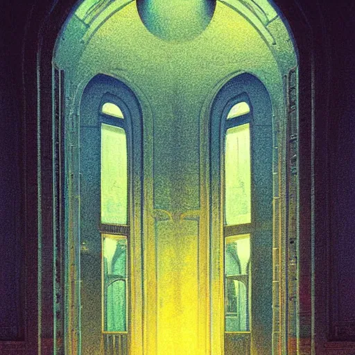 Image similar to Modern interior with arched windows, neon lighting, cyberpunk, dramatic, fantasy, by Moebius, by zdzisław beksiński, Fantasy LUT, epic composition,