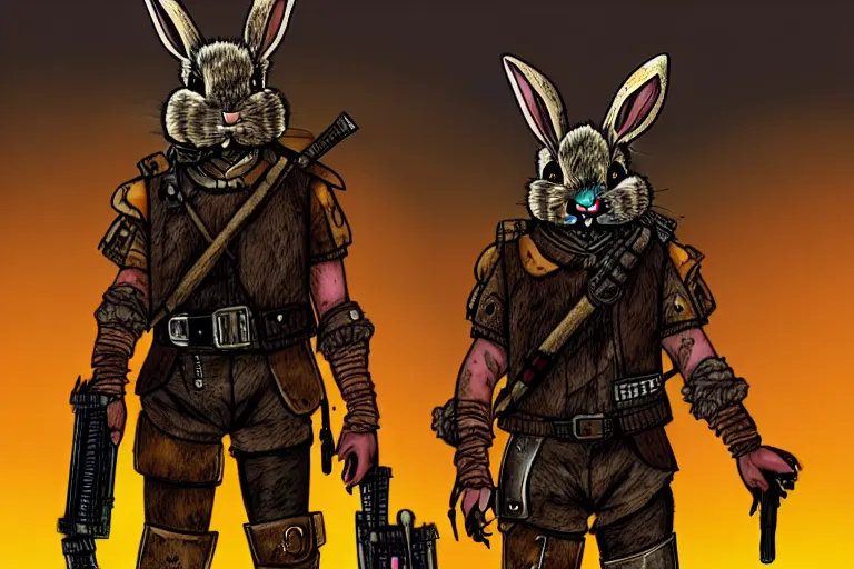 Image similar to a good ol'rabbit fursona ( from the furry fandom ), heavily armed and armored facing down armageddon in a dark and gritty version from the makers of mad max : fury road. witness me.