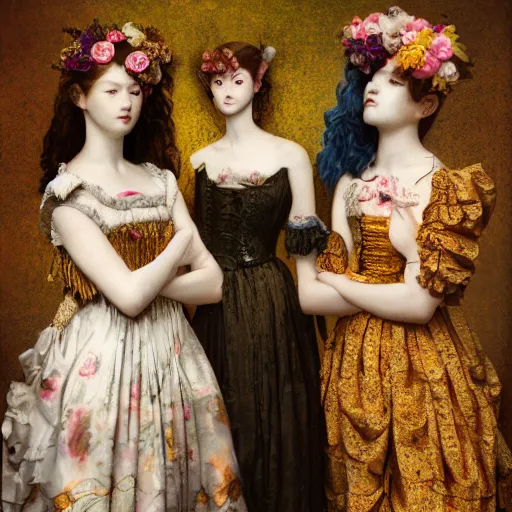 Prompt: 8k, octane render, realism, tonalism, renaissance, rococo, baroque, group of creepy young ladies wearing long harajuku manga dress with flowers and skulls, background chaotic flowers, gold leaf accents